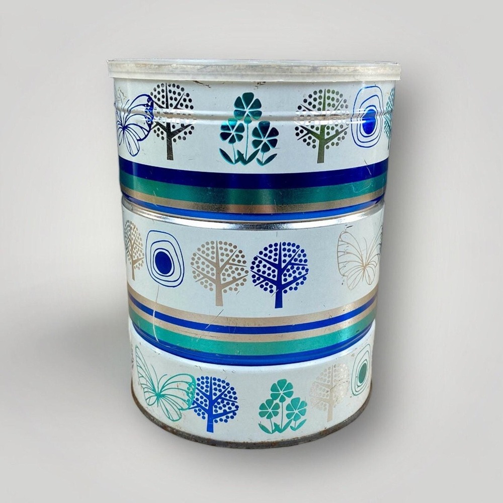 Vintage Coffee Tin Butterflies Trees Retro Graphics Blue Silver White‎ Décor